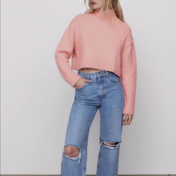 ZARA Cropped Turtleneck Sweater Alpaca Wool Blend Fuzzy Chunky Knit, Pink - Picture 5 of 13